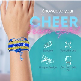 Sportybella Cheer Charm Bracelet- Infinity Love Adjustable Cheerleading Jewelry in Team Colors For Cheerleader (Blue/Yellow)
