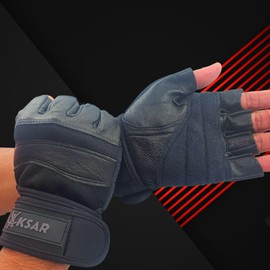 Weight Lifting Gym Workout Leather Gloves with Wrist Wrap Support for Men & Women, Full Palm Protection, for Weightlifting, Training, Fitness, Hanging, Pull ups (Black, M)