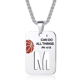 XOYOYZU Basketball Necklace for Men Initial Letter Pendant Necklace Bible Verse I CAN DO All Things Stainless Steel Sport Jewelry for Men 13