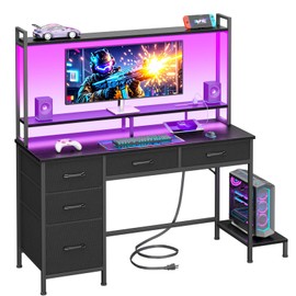 Korfile Computer Gaming Desk with Hutch, Home Office Desk with Power Outlets, LED Light, 5 Storage Drawers, 2 Tiers Shelves for Display, 47 Inch Modern Study Writing Table for Bedroom, Black