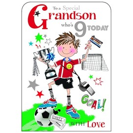 Jonny Javelin Special Grandson 9th Birthday Card - Age 9 - Boy with Football Trophy Embossed with Foil and Flitter Details