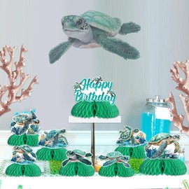 Jollyboom Sea Turtle Birthday Decorations, 8pcs Turtle Theme Honeycomb Centerpiece Double-sided Printing Marine Theme Table Decorations for Ocean Animal Turtle Birthday Baby Shower Party Supplies