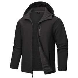 TACVASEN Men's Hooded Softshell Jacket Lightweight Waterproof Fleece Lined Windbreaker Rain Jacket Winter Outdoor Hiking Black-L