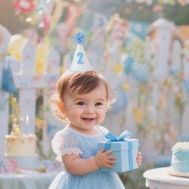 GORNZX Birthday Party Hat, White Glitter with Blue Number 2, Blue Pom Pom Decoration