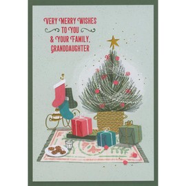 Designer Greetings Tree, Gifts, Stockings and Cookies Set on Area Rug Christmas Card for Granddaughter and Family