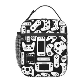 Bolsa de almuerzo para videojuegos en blanco y negro para niños y niños, lonchera reutilizable portátil, bolsa de comida aislada para escuela, niñas, hombres, trabajo, viajes, picnic