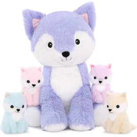 MorisMos Fox Giant Cuddly Toy XXL, 48 cm Sitting Fox Stuffed Toy Plush Toy with 4 Babies in Belly, Birthday Gift for Children Boys