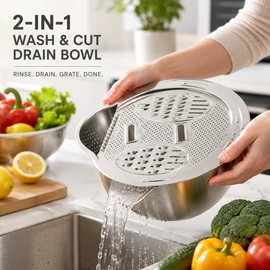 2-in-1 Stainless Steel Rice Washing Bowl with Grater – Side-Drain Strainer for Fruits, Vegetables & Kitchen Prep