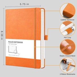 RETTACY Lined Journal Notebook - A5 Note Book Hardcover Journal 192 Numbered Pages for Writing,100gsm Lined Paper, Leather Hardcover, for Women Men Work Office School,14.5 x 21cm - Orange