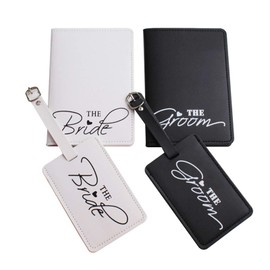 cdhgsh 1Set PU Leather Luggage Tag Bride Groom Passport Case for Couples Honeymoon Luggage Tag Black+White