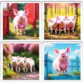 Pink Pig Coaster Set. 4 different Pig Pictures on 10cm x 10cm Acrylic Coasters. Boxed Coaster Drip Mat Set. Pig Gift Coaster Set