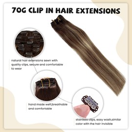 Clip in Human Hair Extensions, 16 Inch 70g 7Pcs Omber Ash Brown with Bleach Blonde Balayage Highlights 100% Real Human Hair Clip in Extensions Skin Weft Natural Human Hair Extensions