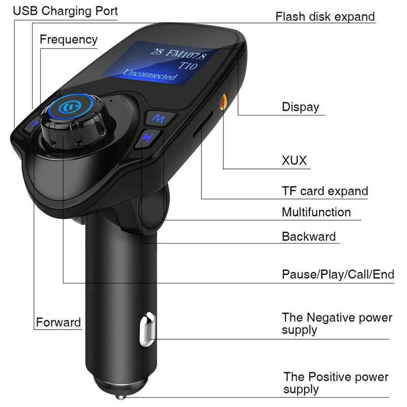 Yctze T11 Bluetooth-Freisprecheinrichtung, MP3-Player, FM-Transmitter, USB-Ladegerät Auto Ladegerät Zigarettenanzünder Auto