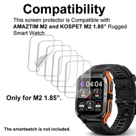 smaate Screen Protector Compatible with AMAZTIM M2 and KOSPET TANK M2 1.85” Rugged Smart Watch, Soft TPU, 6-pack, Bubble Self-healing