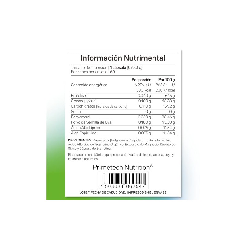 Primetech Nutrition Resveratrol Liposomado Resve-250, 60 Cáps