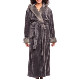Alexander Del Rossa Women’s Robe, Warm Fleece Hooded Bathrobe with Pockets, Gray with Faux Fur, Small-Medium (A0296STLMD)