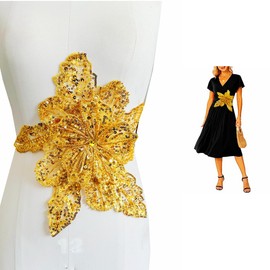 Jpumley.pksn Handmade Rhinestones Applique Sewing Beads Stones Trim Lace Patches Sparkly Multicolor Sew on Sequins Crystal Beaded Accessory for Wedding Dresses DIY Clothes 12X10inches (Gold)