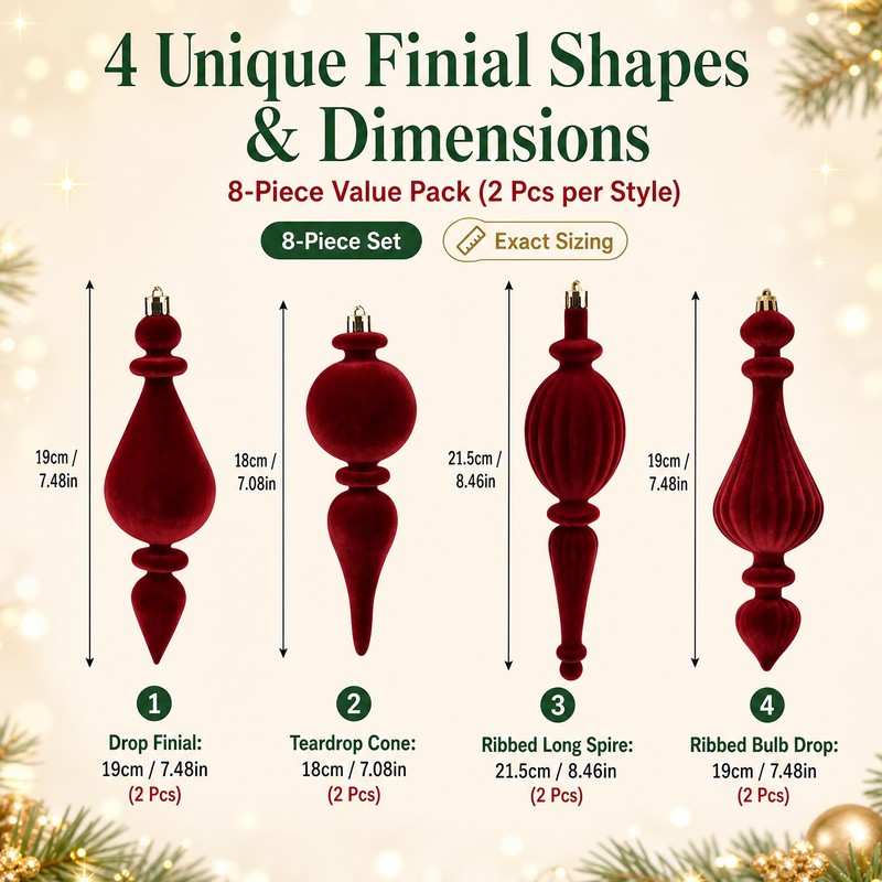 8 Pcs Burgundy Christmas Decorations, Finial Velvet Baubles Ornaments