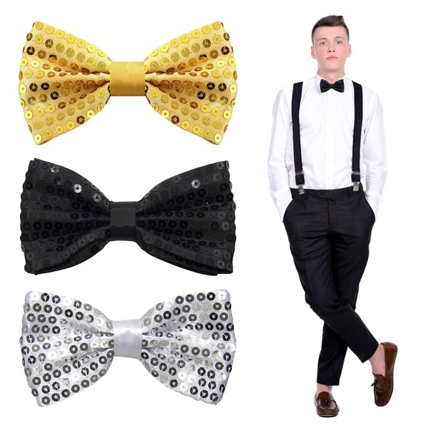 EUPSIIU Pack of 3 Men's Glitter Bow Ties, Sequin Bow