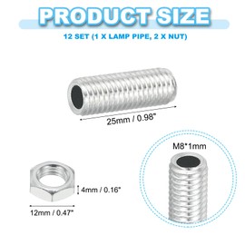 PATIKIL M8 Fine Thread Carbon Steel Lamp Pipe With Nut, 12 Set 25mm/0.98" Hollow Tube Thread Adapter Fasteners Hardware for Lamp Lights Chandelier Ceiling Light DIY, White Zinc Plating