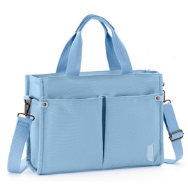 VASCHY Canvas Tote Bag for Women, Casual Sturdy Work Satchel Teachers Tote Purse with Zippers Pockets Crossbody Shoulder Bag,Sky Blue