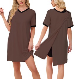 Chunoy Hospital Gowns for Women Short Sleeve Button Open Back Nursing Gowns Post Surgery Dress Nightgown Brown X-Large