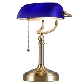 Newrays Blue Glass Bankers Desk Lamp with Pull Chain Switch Plug in Fixture for Home Office,Library