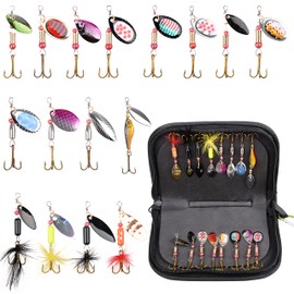 Fishing Lures Kit, 16pcs Fishing Spinners Spoon Lures Trout Lures Bass Lures Rooster Bait Tail Lures Spinner Baits Spinning Lures Hard Metal Bait Fishing Lures Kit with Portable Carry Bag