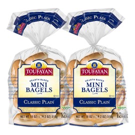 Toufayan Mini Plain Pre‑Sliced Bagels – Soft Texture, Perfect for Breakfast, Snacks & Lunchboxes - 2 Packs (12 Bagels Total)