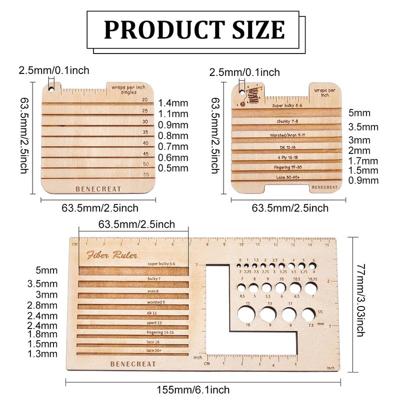 BENECREAT 3Pcs Knitting Needle Gauge Multifunctional Wood Spinning Control Card