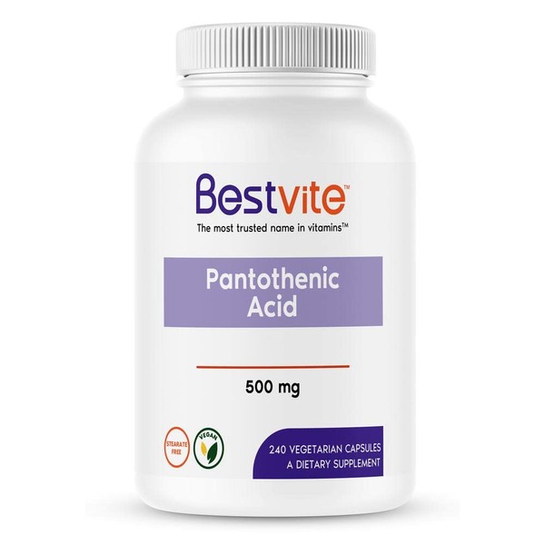 BESTVITE Pantothenic Acid 500mg (Vitamin B5)(240 Vegetarian Capsules) - No Stearates - No Gelatin - No Calcium Silicate - Vegan - Non GMO - Gluten Free