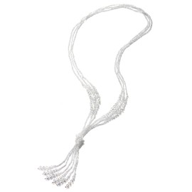COOLSTEELANDBEYOND Bohe Chic Lariat Necklace Statement Fringe Tassel Pendant Crystal Beads Three Strands Long Chain Y Shape, Pearl, No Gemstone
