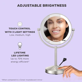 Conair Lighted Makeup Mirror, Double-Sided LED Vanity Mirror with 1X/10X Magnification, 3 Light Settings, 3 Modes, 360° Rotation, Satin Nickel Finish