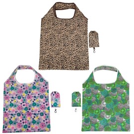 FAVORTALK Lightweight Foldable Reusable Shopping Bag - 3 Pcs Leopard Print Washable Lightweight Grocery Bags for Travel Camping D8514