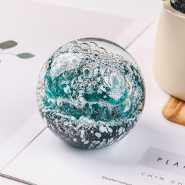 FZBHRO Decorative Crystal Ball Figurines Ocean Waves Paperweight Blown Glass Decor Sea Art Ocean Lovers Gift Green White 3.15"