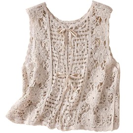 §ASHE RANGEL Openwork Vest, Women's, Spring/Summer, Knit Vest, Crochet Top, Cool, 2-Way Casual, Layered, Layered, Sleeveless, Summer Knit, Stylish, Beautiful, Transparent, Adult, Cute, Forest Girl, #TW Beige