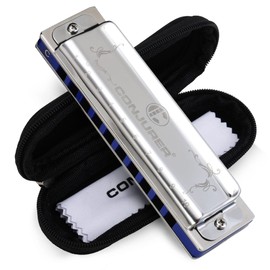 CONJURER Blues Harmonica for Kids Adult Beginners 10 Hole Diatonic Harmonica in G Key Phosphor Bronze Sound Spring Mouth Organ Blues Harp with Case, Key of G Stainless Steel Silver