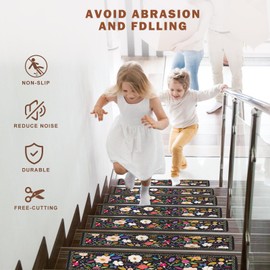 Snycler Non-Slip Stair Treads - Indoor Stair Runners for Wooden Steps, Set of 4 Safety Mats for Pets, Kids, and Elders, 30X8 inch Slip Resistant Stair Rugs with Rubber Backing(Black Flower)