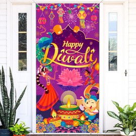 DPKOW Diwali Decorations Indian Diwali Door Cover, Happy Diwali Door Banner Deepavali Door Porch Sign for Indian Festival of Lights Diwali Festival Decoration Supplies House Indoor Outdoor, 185*90cm