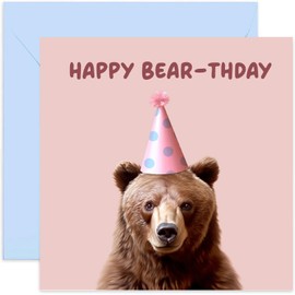 Old English Co. Funny Animal Birthday Card for Him or Her - 'Happy Bear-thday' Brown Bear Party Hilarious Card for Men Women - For Son, Daughter, Dad, Mum, Brother, Sister | Blank Inside Envelope