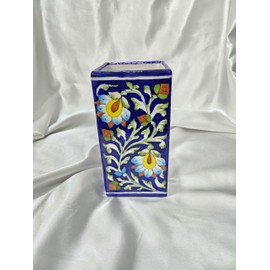 Tradition Treasure Square Vase, Paintbrush Holder, 4"x6.5" Ceramic Kitchen Utensil Holder for Counter top, Embossed Cooking Utensil Organizer for Spatula & Spoon, Kitchen Décor (Floralia Azure)