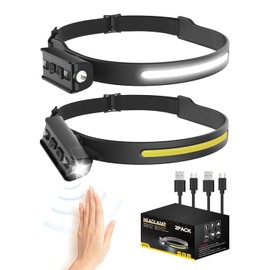 LED Head Torch Rechargeable, 1200LM 90°Adjustable Spotlight & 230°COB Super Bright Headlamp, 5 Modes with Motion Sensor, IPX5 Waterproof, 12 Hours Runtime, Lightweight Headlamp for Camping(2 Pack)