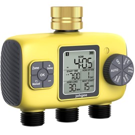 Johgee Irrigation Computer 3 Outputs with Brass Inlet, 3 Zone Irrigation Programs Garden Watering Timer, Automatic Watering Timer Rain Delayed/Manual/Automatic Mode