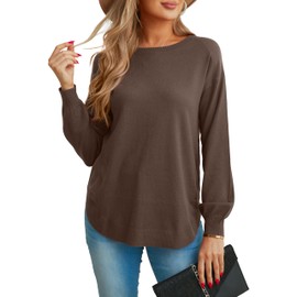 GRECERELLE Jumpers for Women UK Winter Spring Warm Long Sleeve Crew Neck Lightweight Sweater Tops Casual Soft Knit Pullover for Ladies (Coffee, L)