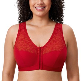 DELIMIRA Women's Front Closure Bras Racerback No Underwire Plus Size Full Coverage Lace Cotton Bra Lipstick Red 36D