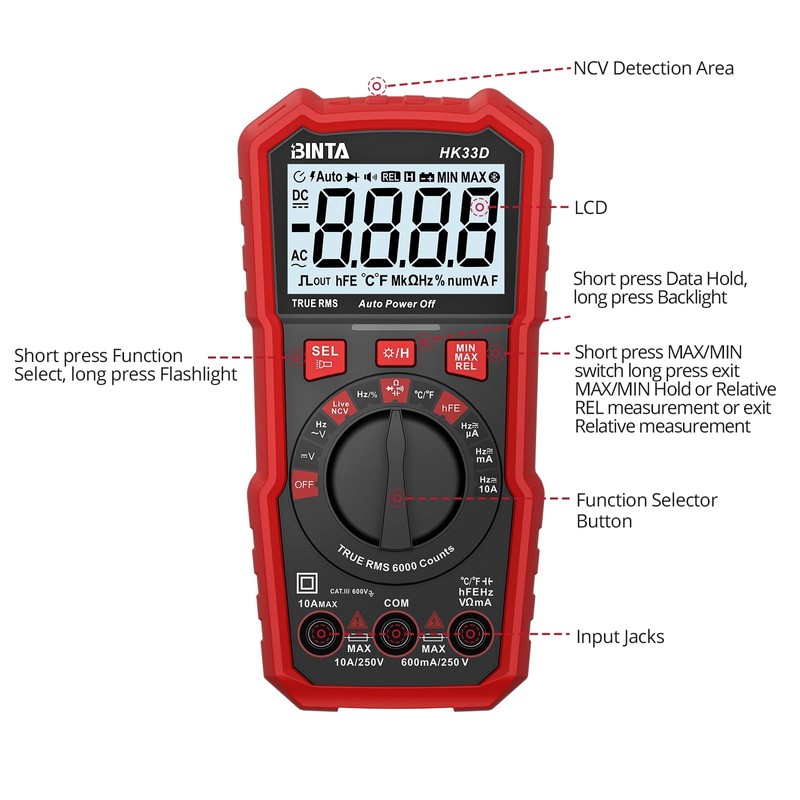 BINTA 6000 Counts Digital Multimeter with DC AC Voltmeter and
