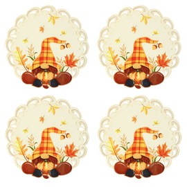 Simhomsen Embroidered Gnomes and Fall Autumn Harvest Pumpkins Round Doily Placemats for Thanksgiving (Round 15 inches Set of 4)