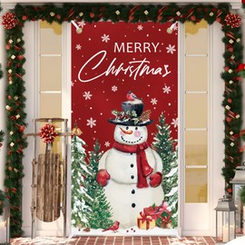 Christmas Snowman Door Cover Merry Christmas Door Decor Snowman Front Door Banner Backdrop Christmas Door Decorations for Front Door Porch Xmas Holiday Party Supplies, 70.9 x 35.4 Inch