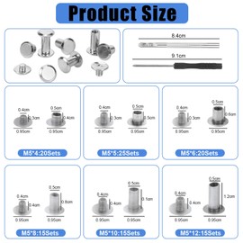 110 Set of Chicago Screws, Book Screws M5 x 4, 5, 6, 8, 10, 12 mm, 6 Sizes Screw Rivets with Assortment Box for Leather Bags Belts Backpacks Clothing DIY Handmade Decorations (Silver)