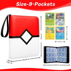 Sandawin Card Binder with 9 Pockets, Trade Binder Fits 900 Cards with 50 Pages, Portable Collection Card Book, Game Sports Card with Photo Albums with Zipper for Gifts-Red
